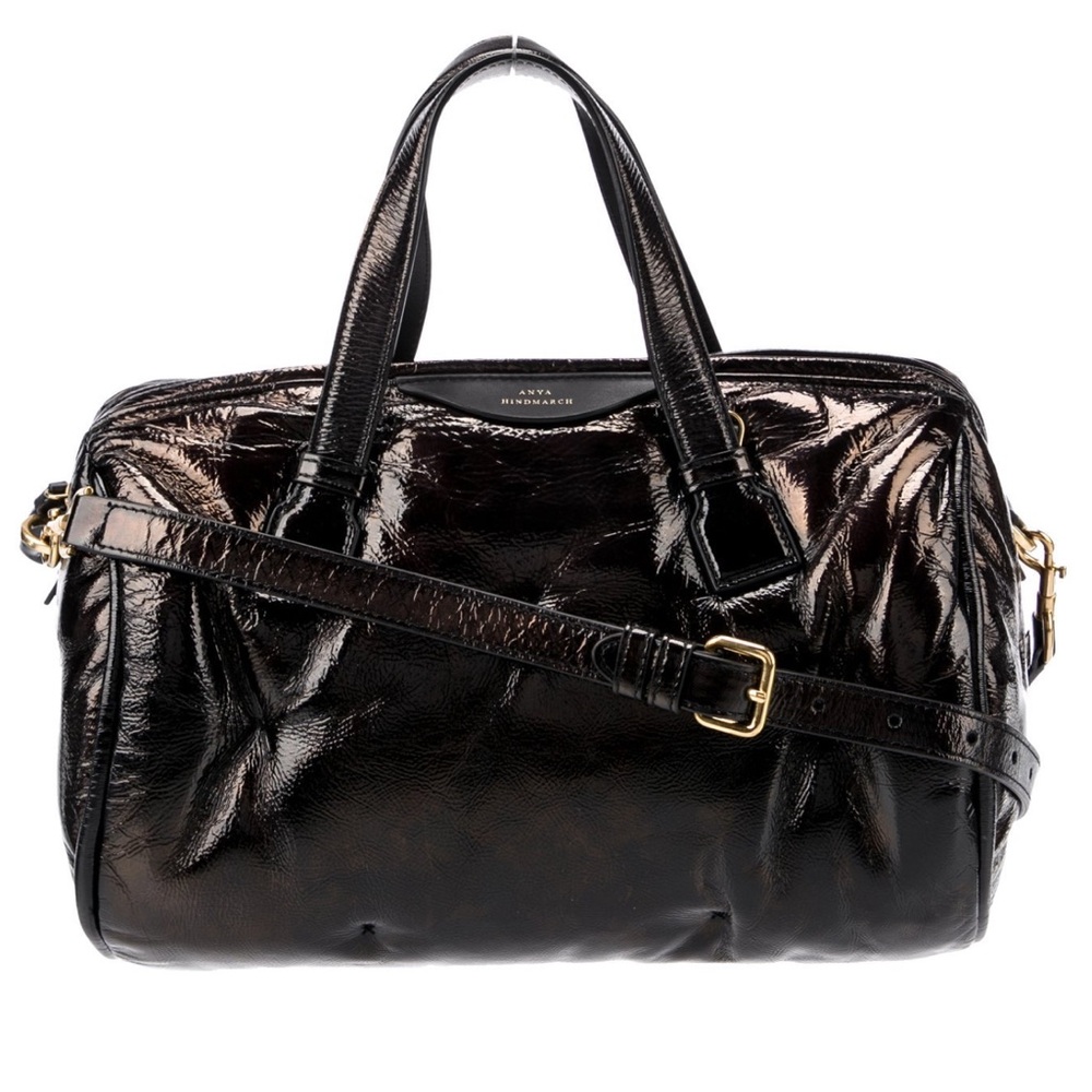 Anya Hindmarch Brown Patent Leather Puffer Style Satchel Shoulder Bag EUC